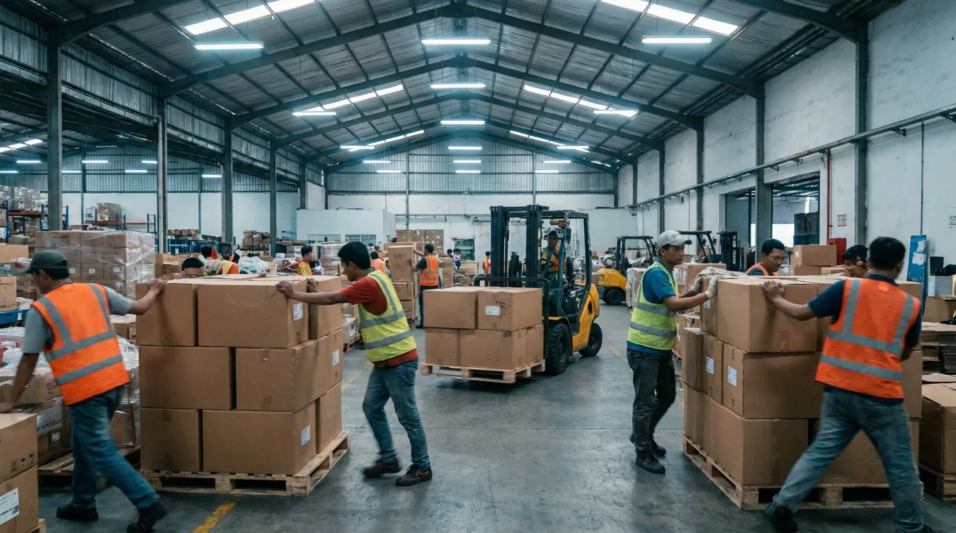 Aktivitas pekerja di gudang logistik yang merepresentasikan tingginya biaya operasional sebuah perusahaan.