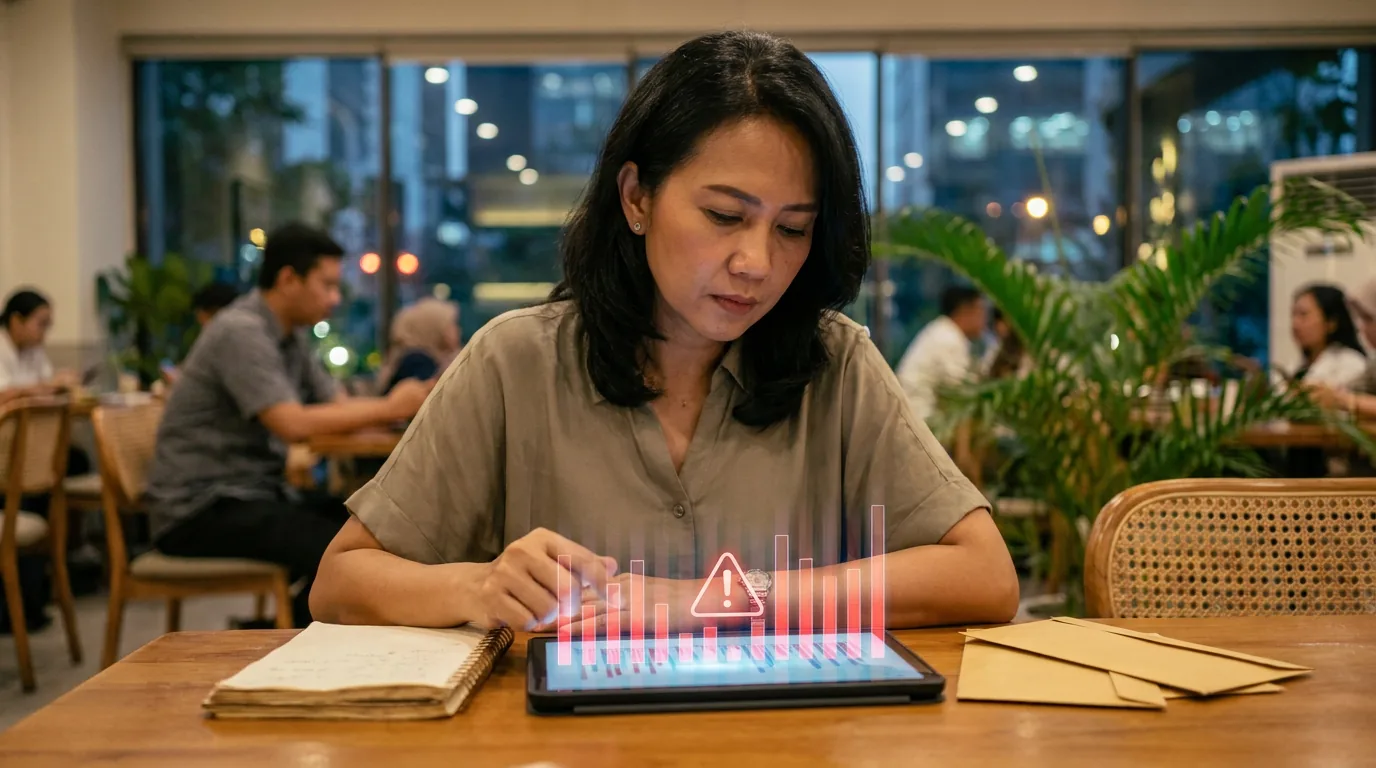 Pemilik usaha di Indonesia sedang menganalisis proyeksi keuangan dan grafik pengeluaran di tablet.