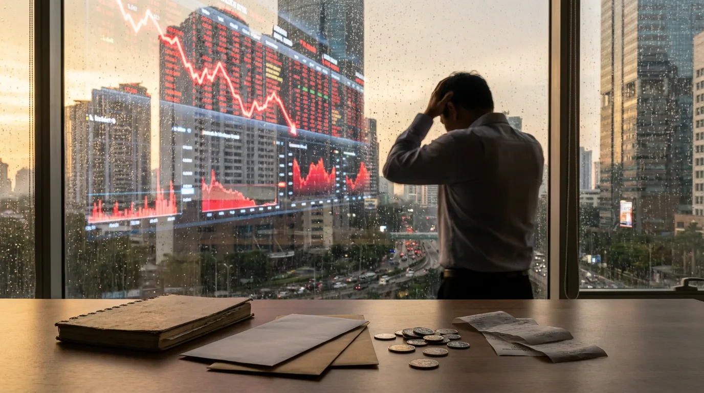 Papan saham elektronik dengan grafik merah menurun yang memantul di kaca gedung perkantoran Jakarta, menggambarkan kepanikan pasar dan penurunan tajam IHSG.
