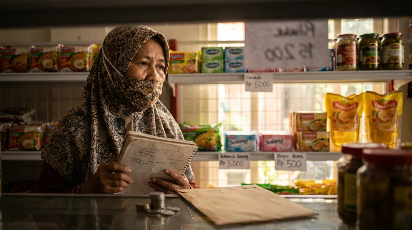 Seorang konsumen di minimarket sedang melihat label harga barang kebutuhan harian dengan saksama, merepresentasikan dampak inflasi dan kenaikan harga barang impor.