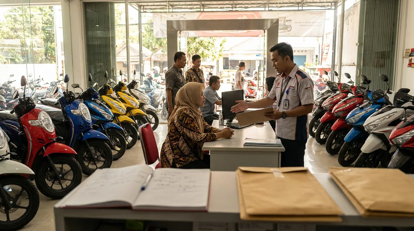 Suasana sibuk di dealer motor Indonesia dengan deretan skuter matik baru yang mengkilap.