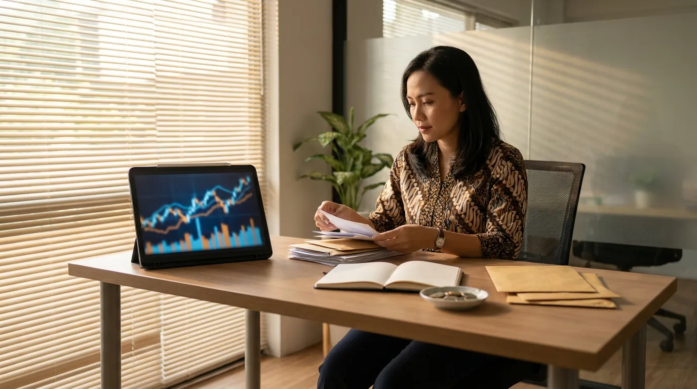 Karyawan perempuan di kantor modern sedang menyusun dokumen di sebelah tablet digital, menggambarkan transisi pekerjaan administratif ke arah efisiensi teknologi.