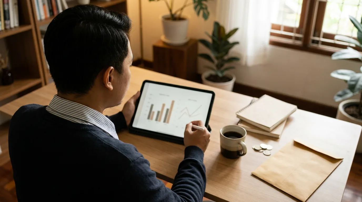 Seseorang sedang mengevaluasi perencanaan keuangan dan anggaran belanja bulanan di tablet digital untuk menghadapi ketidakpastian ekonomi.