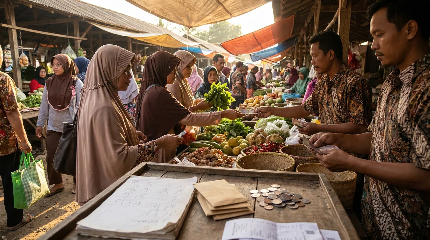 Aktivitas jual beli di pasar tradisional Indonesia yang mencerminkan daya beli masyarakat dan pertumbuhan ekonomi.