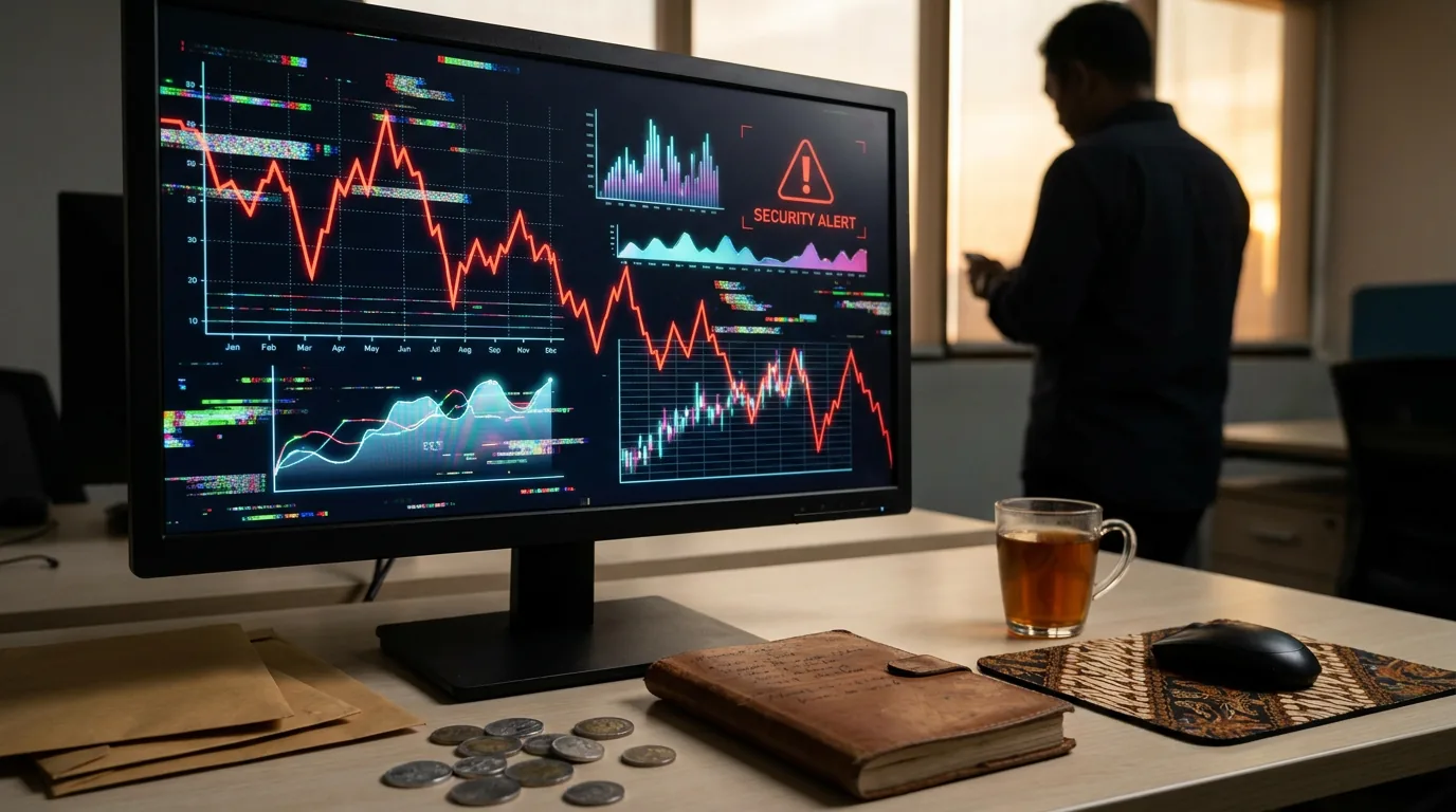 Layar monitor di sebuah kantor menampilkan grafik keuangan abstrak dengan efek gangguan merah yang melambangkan ancaman peretasan sistem.