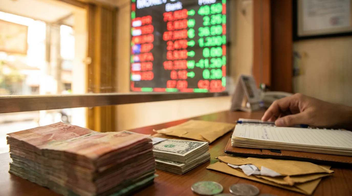 Tumpukan uang tunai Rupiah dan mata uang asing di kasir money changer dengan latar belakang papan nilai tukar digital.