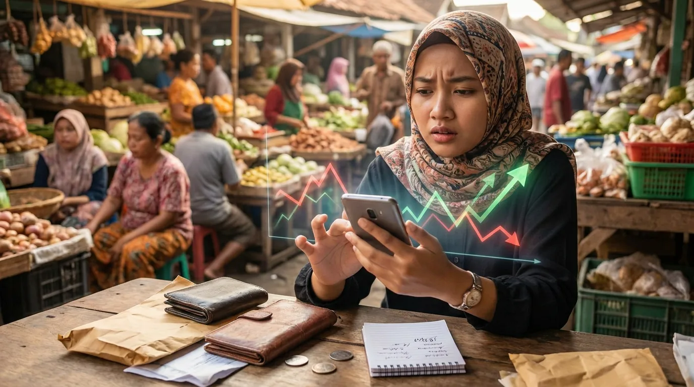 Seorang pemuda Indonesia tampak kebingungan melihat ponselnya di tengah keramaian pasar tradisional, menggambarkan tantangan literasi keuangan di era digital.