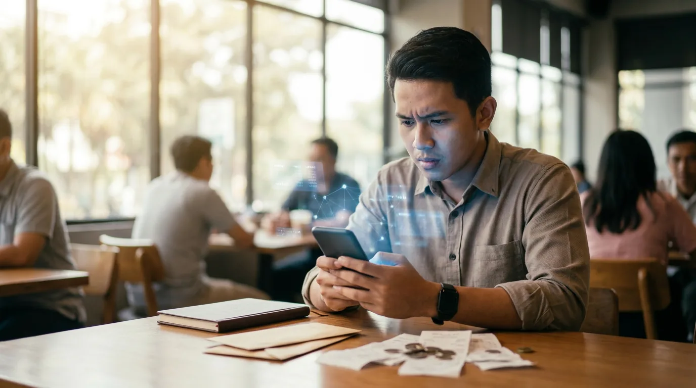 Seorang pekerja profesional muda di Indonesia tampak khawatir saat melihat data keuangan digital abstrak di layar ponselnya.