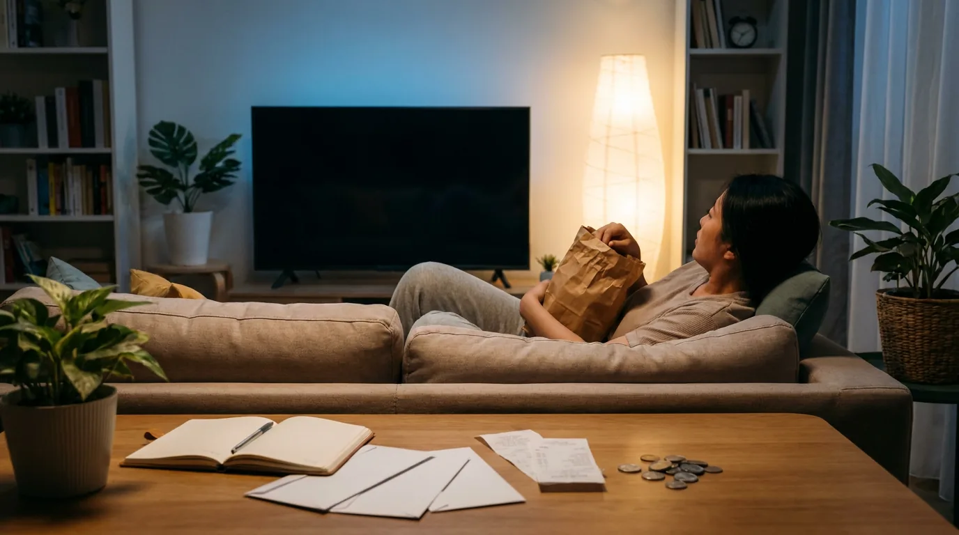 Seseorang bersantai di ruang tamu apartemen sambil menonton televisi dan memegang kantong makanan pesan antar, mewakili gaya hidup modern yang dipenuhi berbagai layanan berlangganan.
