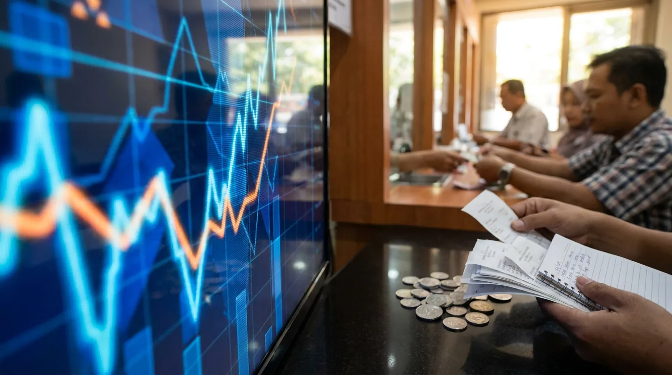 Papan indikator finansial abstrak yang menunjukkan pergerakan pasar keuangan global dan dampaknya terhadap likuiditas ekonomi lokal.