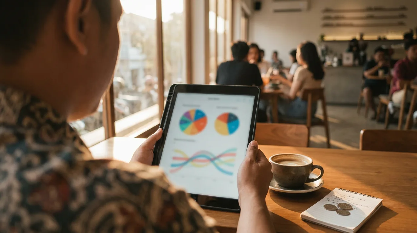 Seorang nasabah sedang memantau portofolio keuangan dan diversifikasi aset melalui layar tablet sebagai langkah proaktif melindungi dana simpanan.