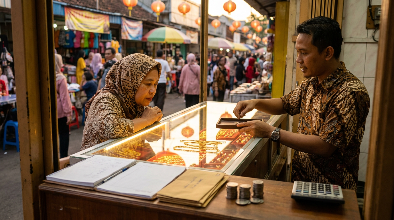 Pelanggan sedang melihat perhiasan di toko emas tradisional di pasar Indonesia, sebagai bentuk nyata diversifikasi aset masyarakat kelas menengah.