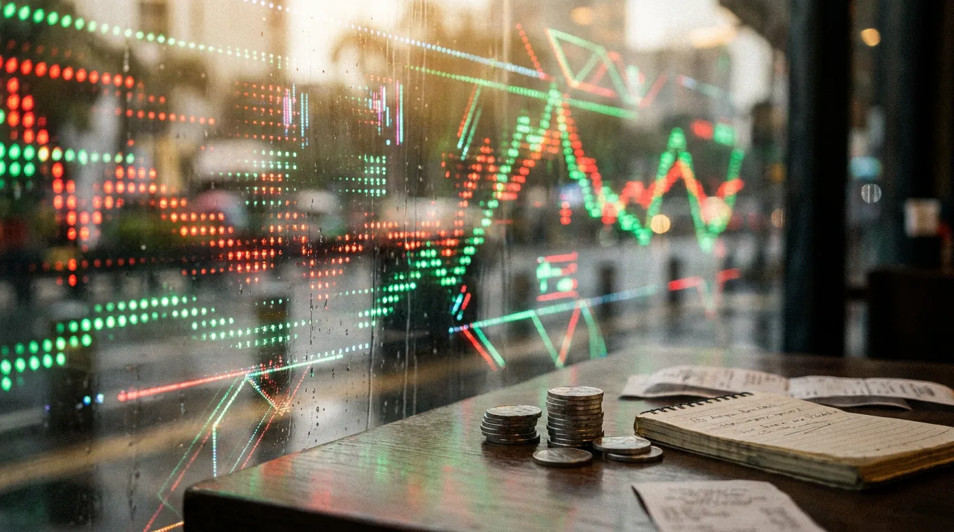 Papan elektronik bursa saham abstrak yang menampilkan data pasar yang fluktuatif dengan nuansa teknologi siber.