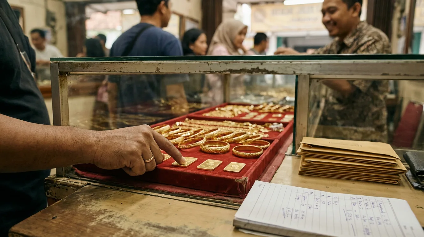Etalase toko emas tradisional di Indonesia yang menampilkan emas batangan sebagai bentuk diversifikasi aset fisik yang aman.