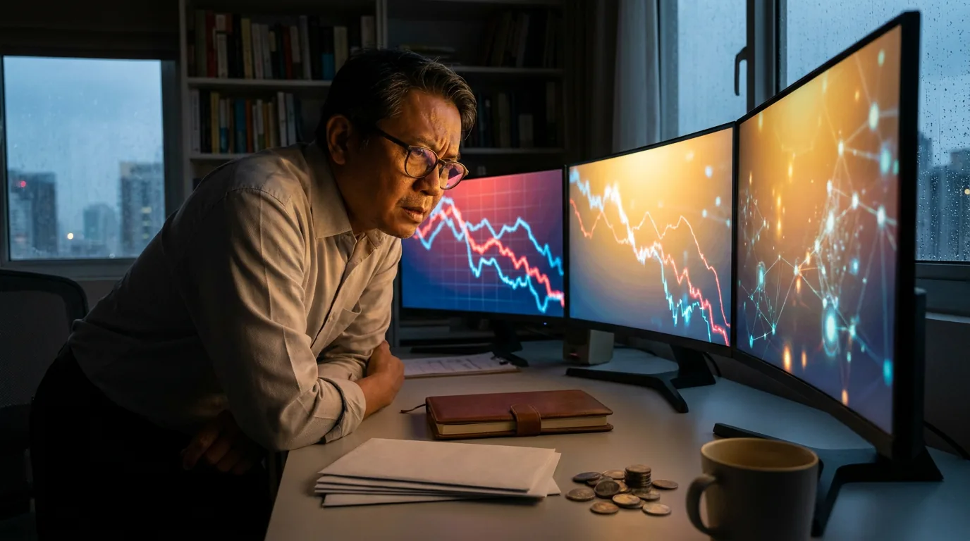 Analis keuangan Indonesia sedang melihat grafik saham yang fluktuatif di layar monitor dengan raut wajah khawatir.