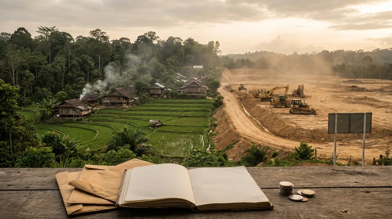 Kontras antara lahan hijau pedesaan yang asri dan alat berat proyek yang berhenti beroperasi akibat penolakan warga.