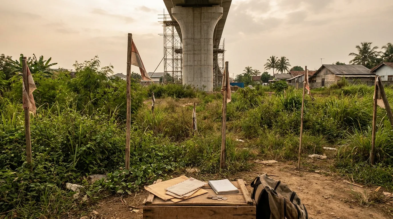 Lahan kosong yang ditandai patok kayu di dekat tiang beton proyek jalan tol yang belum selesai, menggambarkan spekulasi tanah di sekitar proyek strategis nasional.