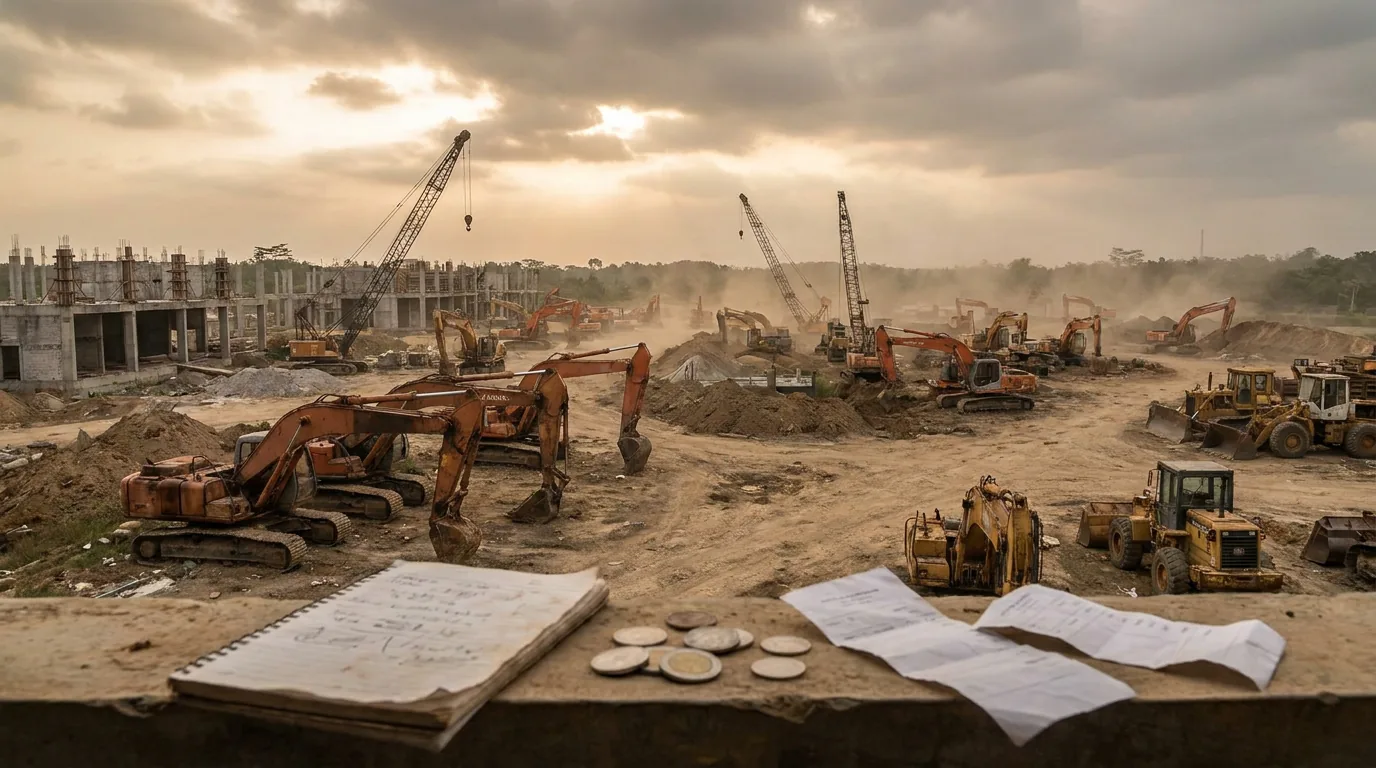 Proyek pembangunan skala besar yang mangkrak dengan alat berat terdiam di lahan kosong, melambangkan risiko investasi properti.