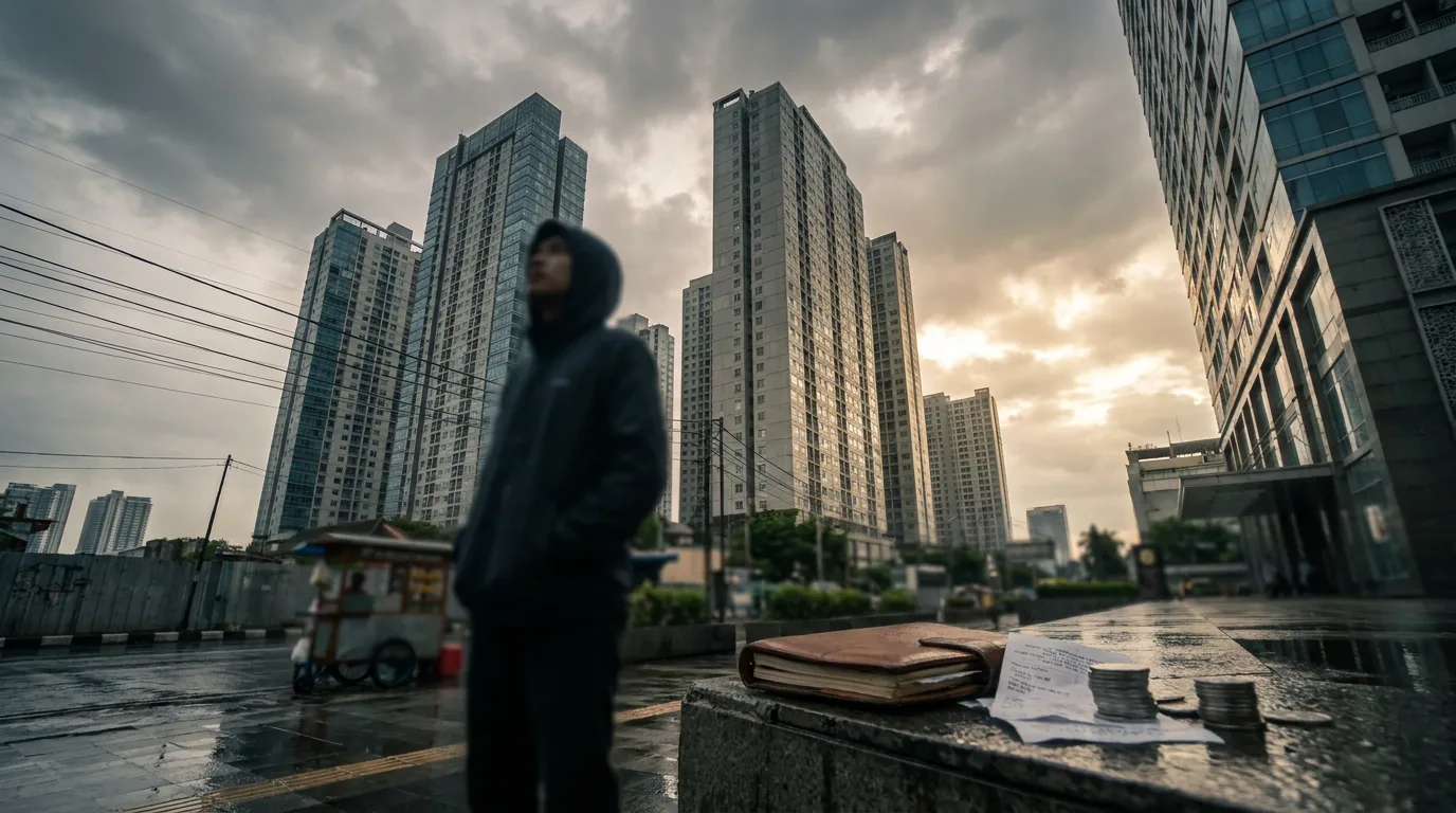 Siluet seseorang menatap gedung apartemen bertingkat di bawah langit mendung, melambangkan risiko dan beban berat dalam investasi properti.
