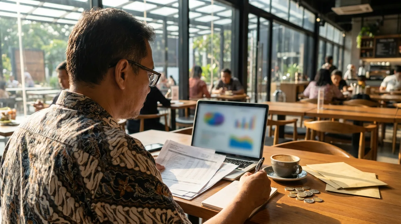 Investor ritel Indonesia sedang serius menganalisis dokumen prospektus keuangan dan data pasar di depan laptop.