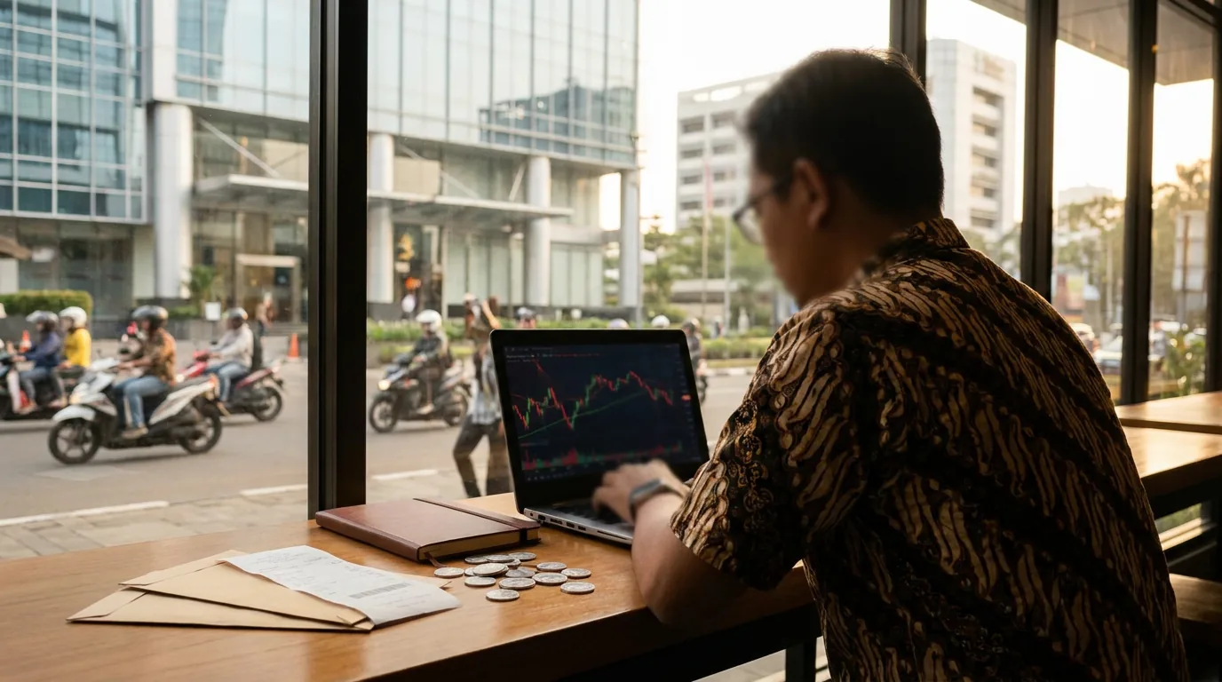 Siluet investor mengamati pergerakan grafik saham yang fluktuatif di layar digital.