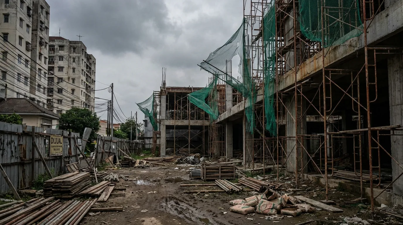 Proyek konstruksi bangunan komersial yang terhenti dan terbengkalai di area perkotaan, melambangkan kebangkrutan perusahaan properti berskala besar.