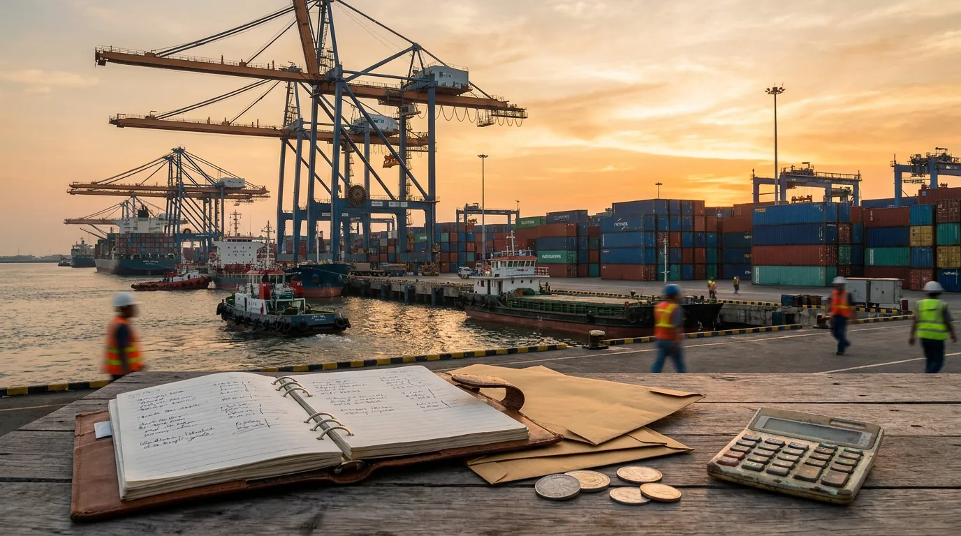 Aktivitas bongkar muat di pelabuhan komersial Indonesia yang menggambarkan perputaran dana investasi dari institusi keuangan ke sektor riil.