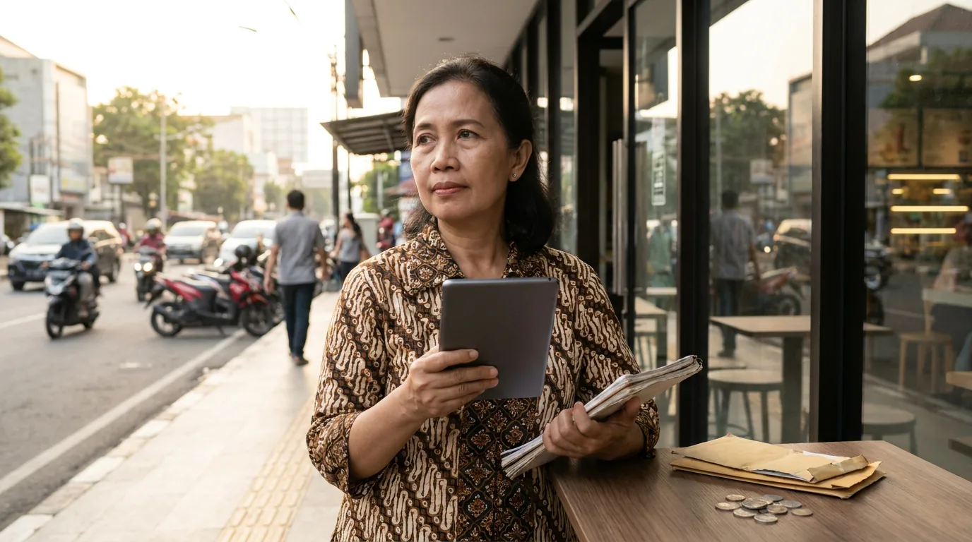Pemilik usaha kecil di Indonesia yang sedang memantau kelancaran arus kas dan dana darurat bisnisnya dari risiko finansial.