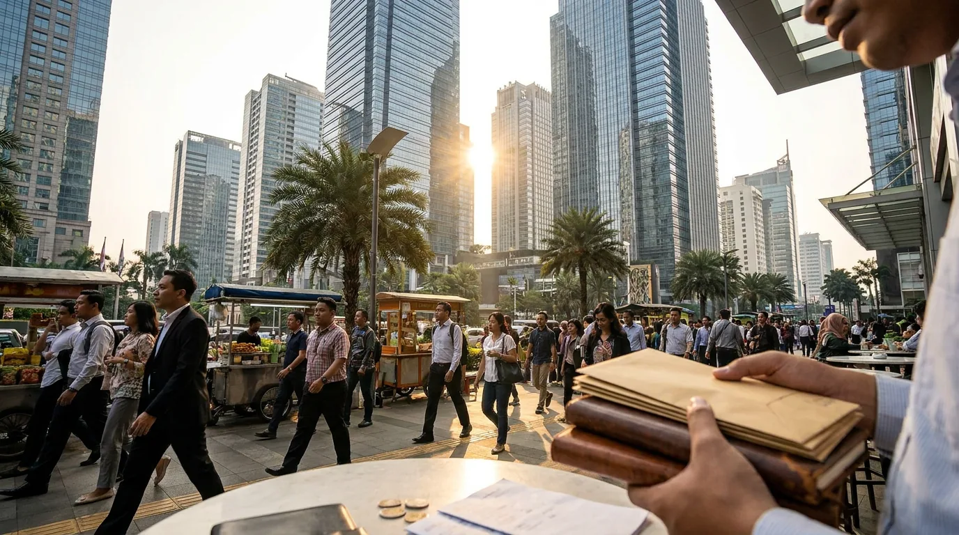 Gedung-gedung tinggi institusi keuangan di kawasan bisnis Jakarta yang merepresentasikan tempat penyimpanan dana masyarakat.