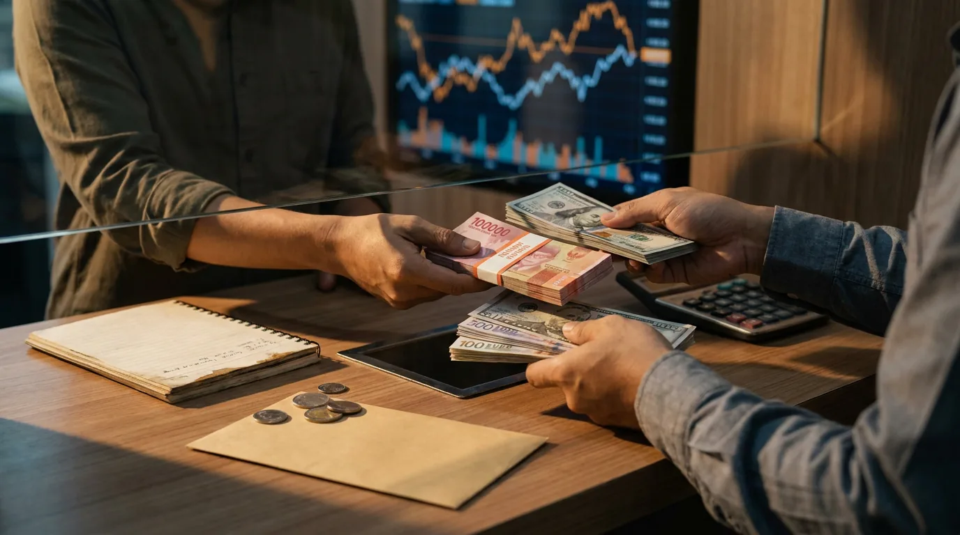 Tumpukan uang Rupiah dan mata uang asing di meja penukaran uang dengan latar belakang grafik pergerakan pasar digital yang buram.