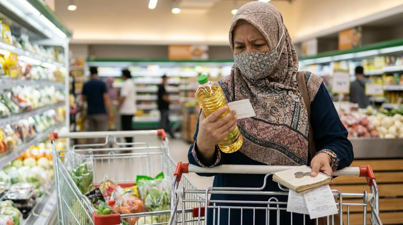 Seorang konsumen perempuan mengecek harga kebutuhan pokok di swalayan, menggambarkan dampak kenaikan harga barang akibat pelemahan Rupiah.