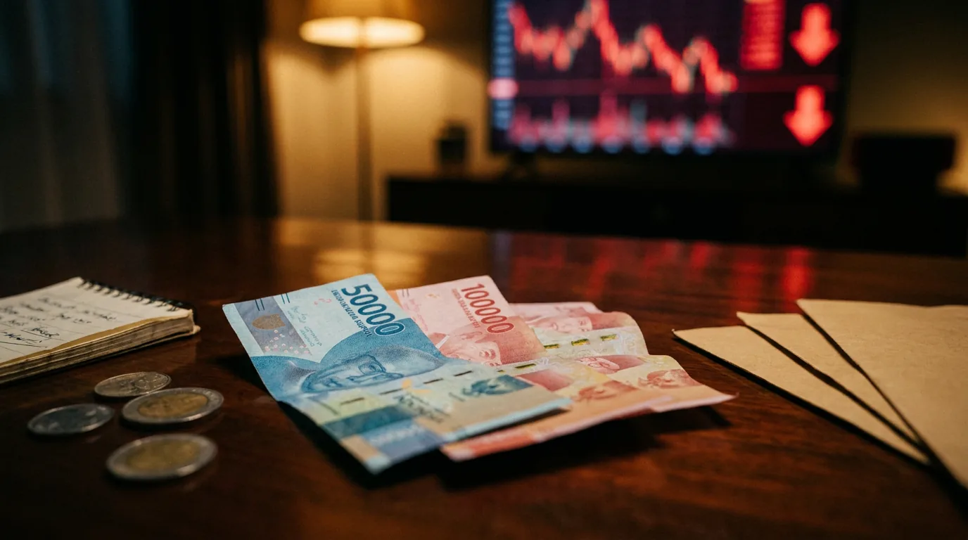 Ilustrasi lembaran uang Rupiah dengan latar belakang grafik finansial merah yang menurun, melambangkan pelemahan nilai tukar.
