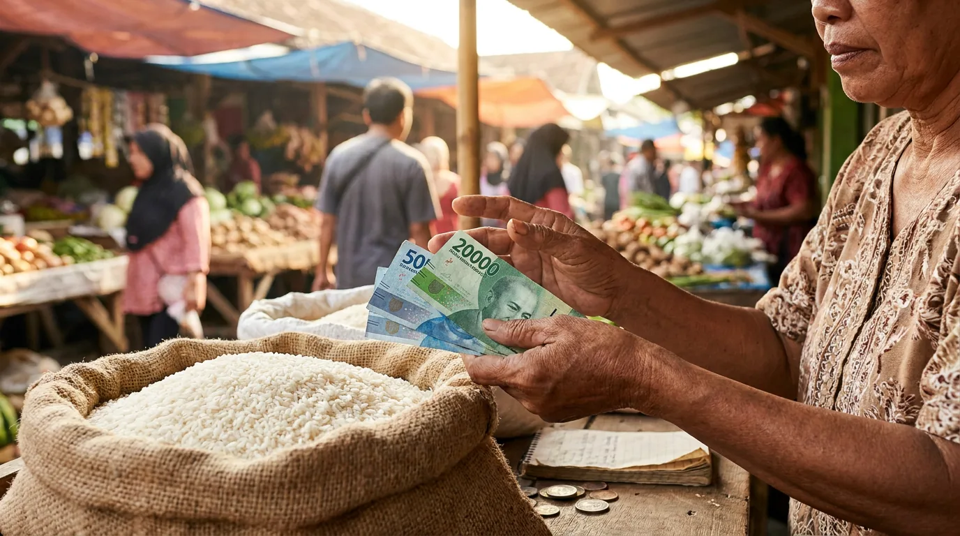 Tangan pembeli memegang uang kertas Rupiah di depan karung beras di pasar tradisional, menggambarkan dampak inflasi pangan pada daya beli.