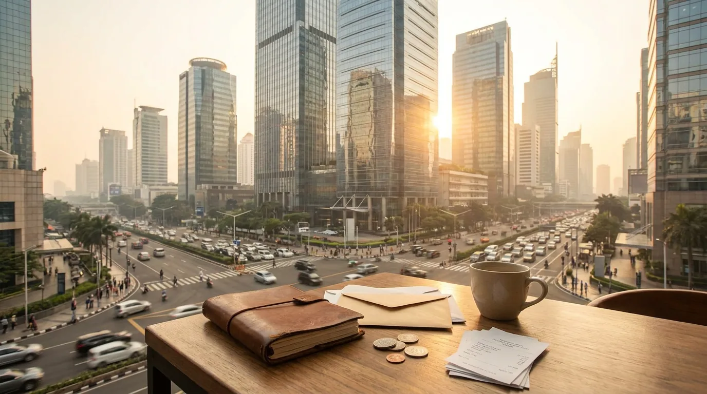 Pemandangan gedung pencakar langit dan kawasan bisnis perbankan di Jakarta pada sore hari.