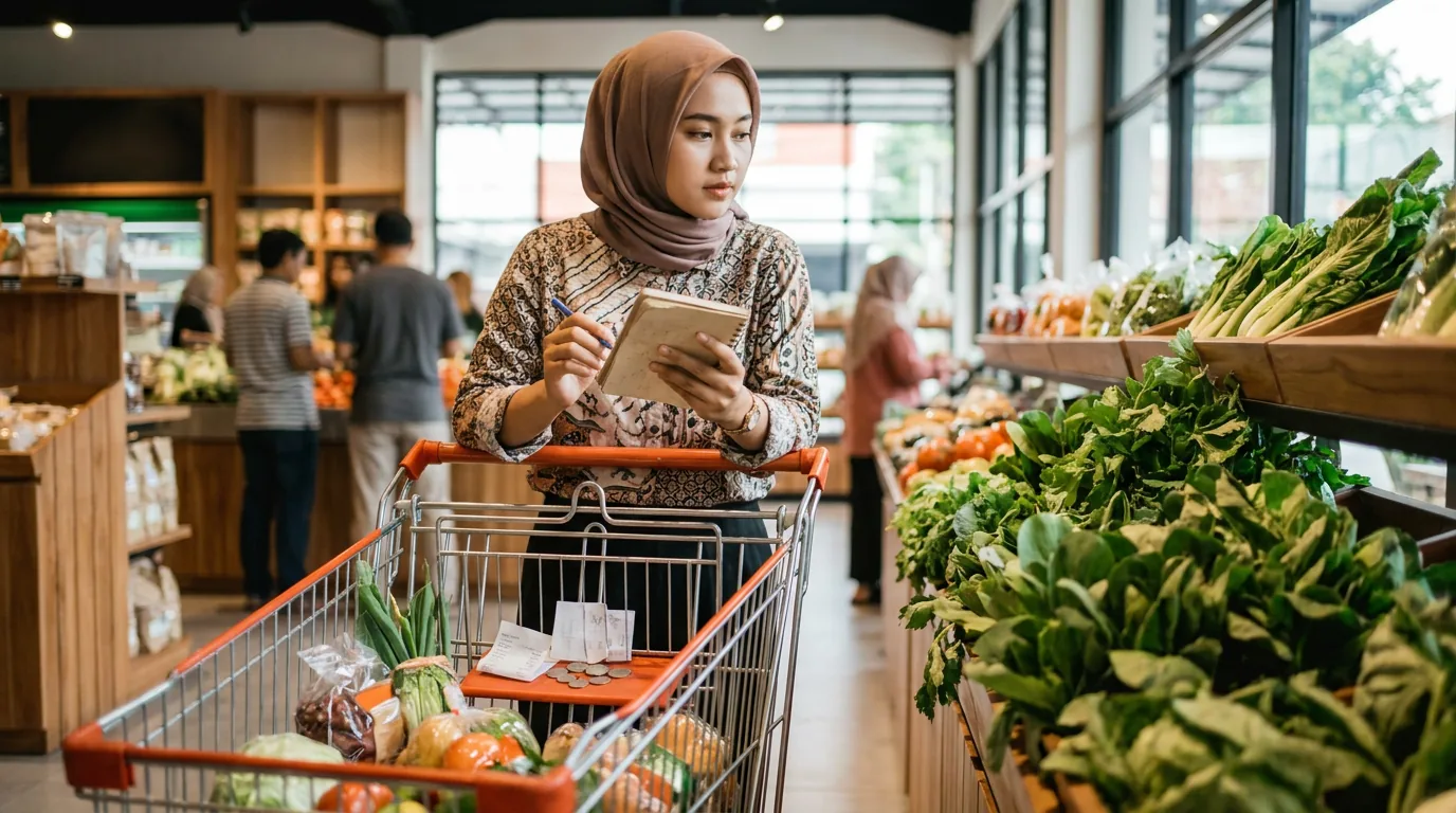 Seorang konsumen Indonesia sedang berbelanja kebutuhan pokok di swalayan modern.