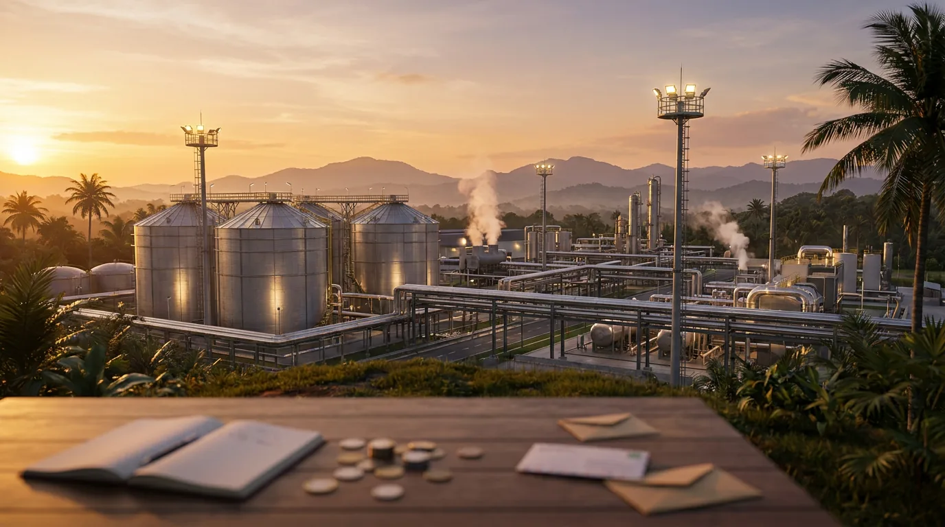 Pemandangan fasilitas industri dan energi modern di Indonesia saat senja yang mewakili pertumbuhan sektor strategis pendorong IHSG.