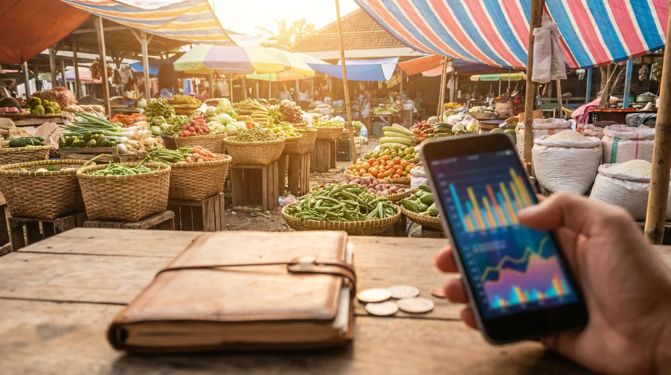 Seseorang memegang ponsel pintar dengan grafik investasi abstrak berlatar belakang pasar tradisional Indonesia yang sibuk, menggambarkan kaitan antara portofolio keuangan dan inflasi harga pangan.