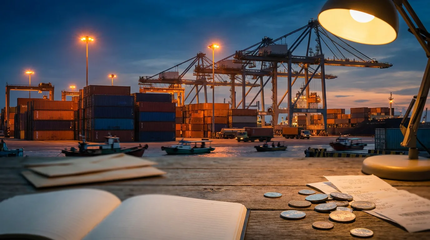 Aktivitas bongkar muat kontainer di pelabuhan komersial Indonesia yang merepresentasikan dampak harga energi global terhadap sektor logistik.