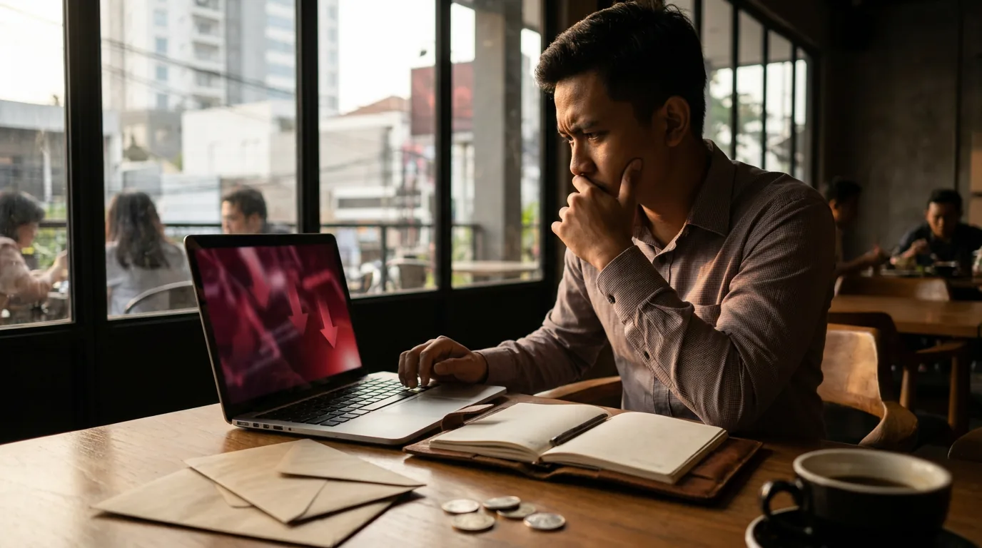 Seorang investor ritel Indonesia tampak khawatir melihat grafik saham yang menurun di layar laptop.
