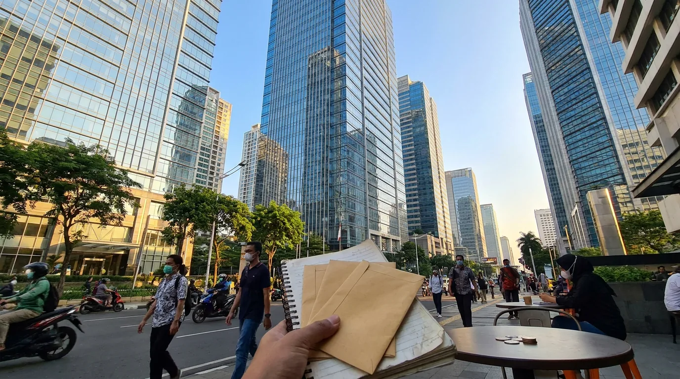 Gedung pencakar langit kaca di distrik keuangan modern yang merepresentasikan bank investasi global.
