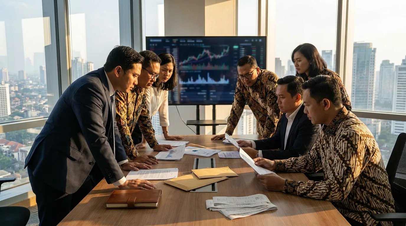 Suasana rapat serius para profesional dan auditor di sebuah kantor di Jakarta yang sedang meninjau tata kelola dan laporan keuangan.