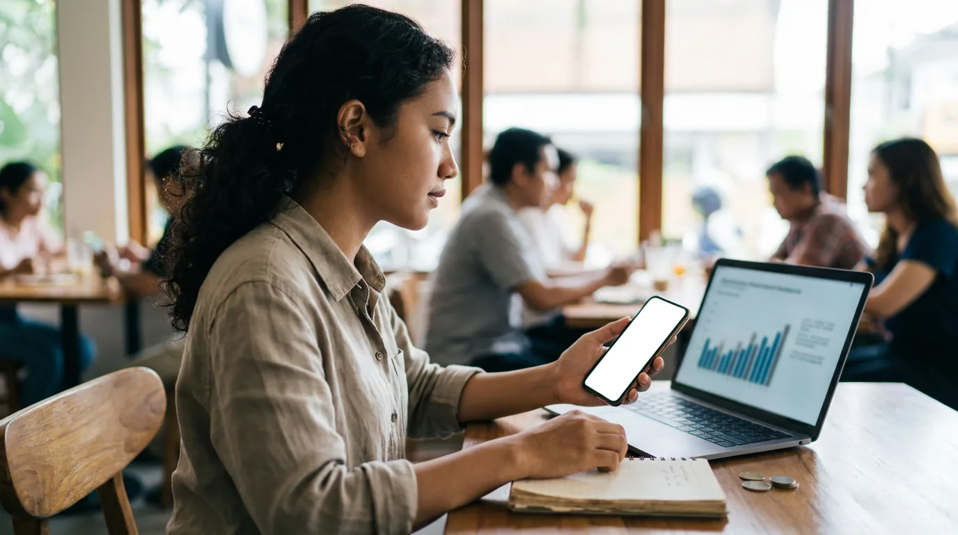 Seorang pekerja lepas di kafe Jakarta sedang menggunakan ponsel pintar untuk mengelola layanan keuangan digitalnya dengan penuh kehati-hatian.