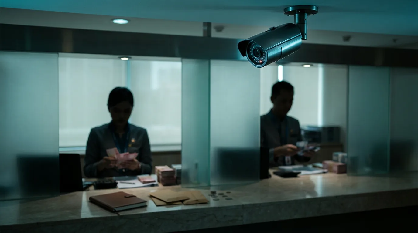 Kamera pengawas keamanan di dalam kantor cabang bank modern di Jakarta yang mengawasi aktivitas transaksi keuangan.