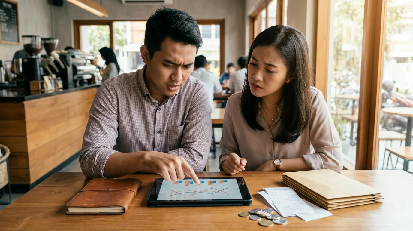 Dua anak muda Indonesia sedang berdiskusi serius dan bersikap kritis saat melihat grafik investasi pada layar tablet di sebuah kafe.