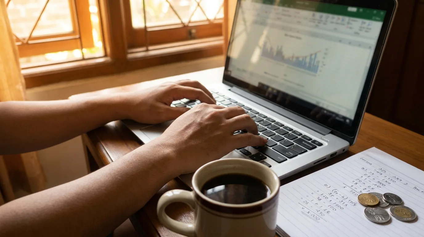 Tangan seseorang mengetik di laptop dalam ruangan kantor yang redup, menggambarkan komunikasi rahasia dan pembocoran informasi dalam kasus insider trading.