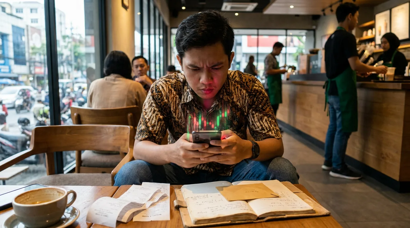 Seorang investor ritel muda di Indonesia menatap layar ponselnya dengan tegang saat memantau grafik saham yang fluktuatif di sebuah kedai kopi.