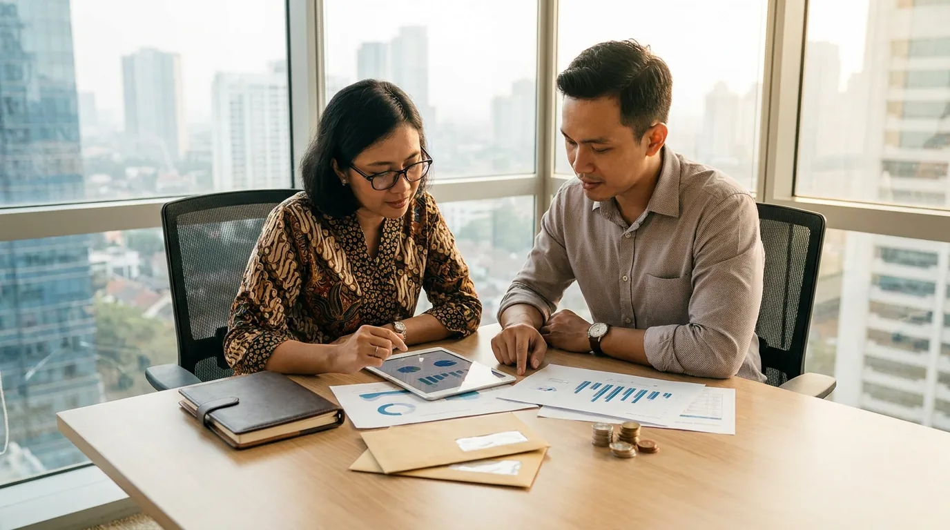 Pemilik usaha di Indonesia sedang berdiskusi dengan konsultan di kantor modern mengenai dokumen keuangan dan kepatuhan pajak.