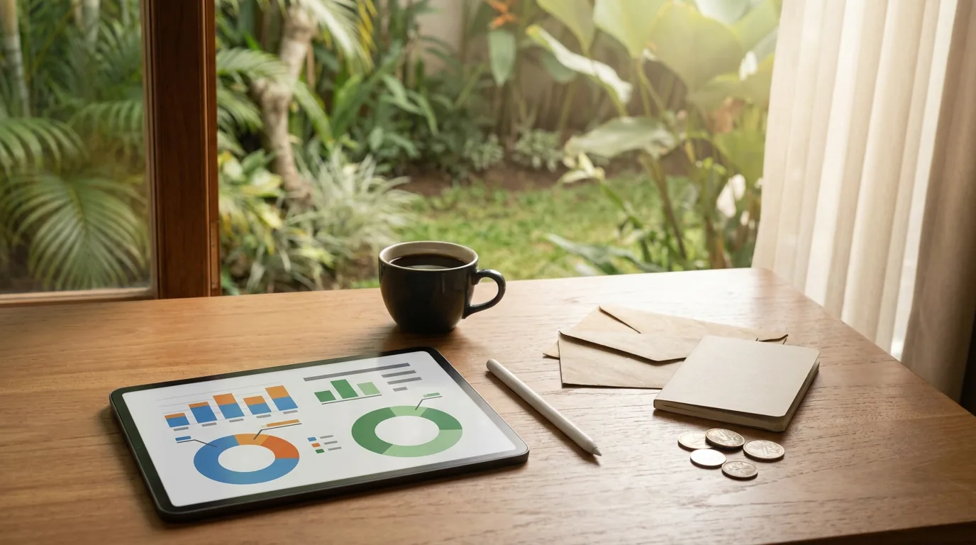 Meja kerja minimalis dengan tablet digital yang menampilkan grafik pemasukan dan pengeluaran sebagai langkah praktis pencatatan keuangan harian.