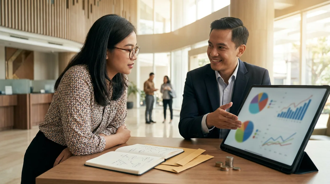 Nasabah dan penasihat keuangan di bank sedang berdiskusi mengenai strategi alokasi aset dan instrumen pendapatan tetap.