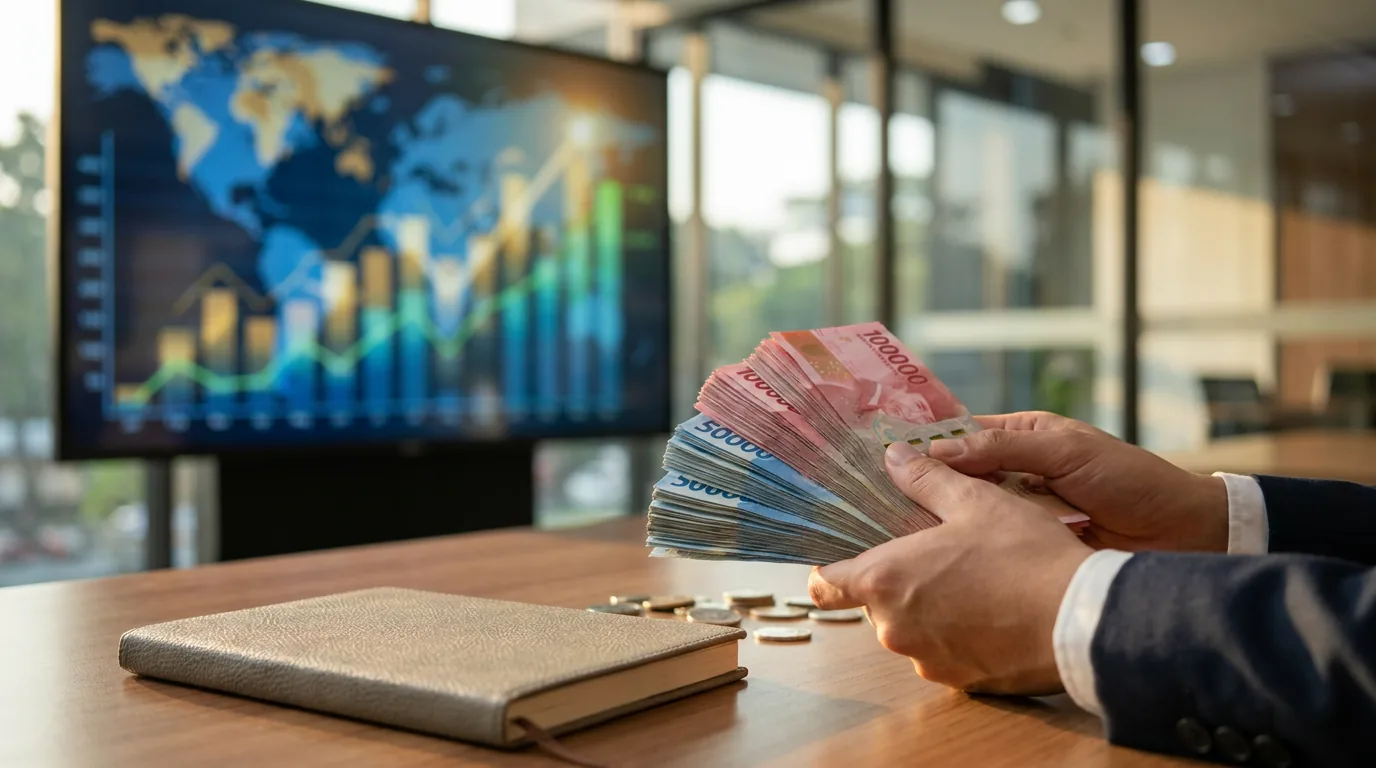 Suasana pusat perbankan di Jakarta dengan uang Rupiah dan grafik abstrak yang merepresentasikan dampak suku bunga global terhadap ekonomi lokal.